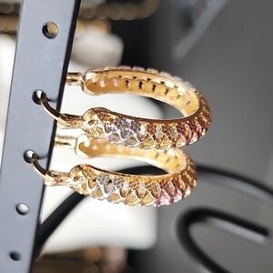 Gold Filled Oval Hoop Earrings Tricolor Cutout Design